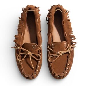 Minnetonka Brown Suede Hard Sole Fringe Moccasin Loafers Driving Shoes Size 8.5